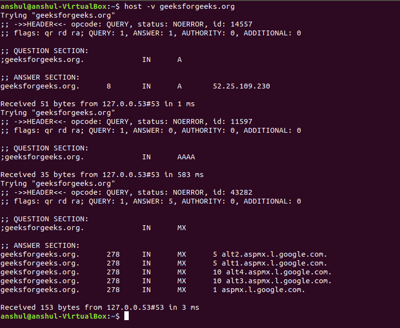 Linux示例中的host命令使用解释和示例