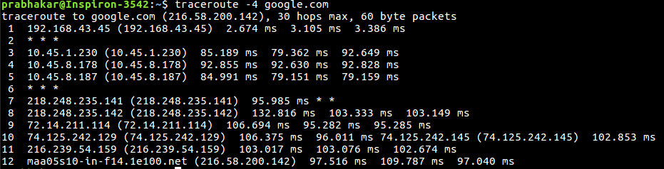 Linux中带有示例的traceroute命令