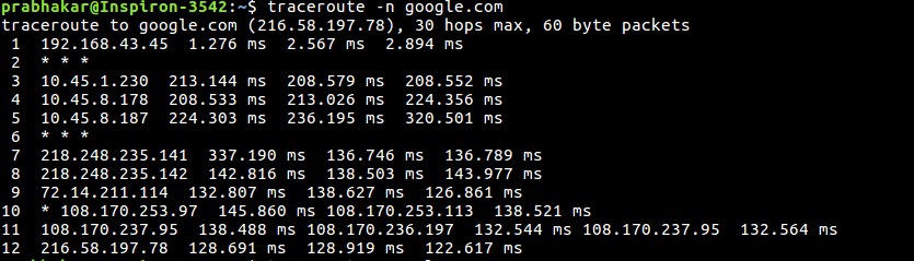 Linux中带有示例的traceroute命令