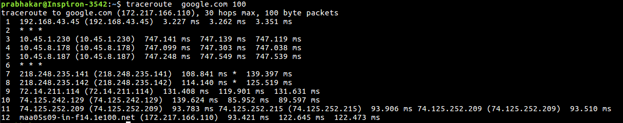 Linux中带有示例的traceroute命令