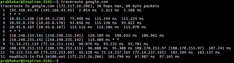 Linux中带有示例的traceroute命令