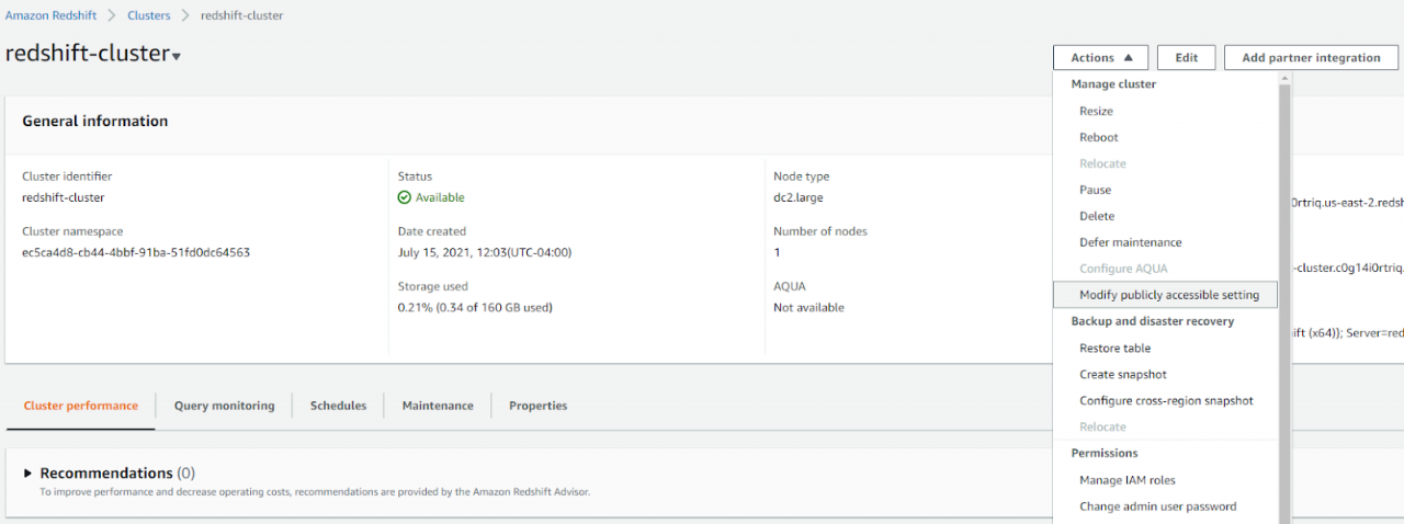 redshift-cluster > 操作下拉菜单 > 修改可公开访问的设置