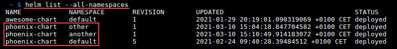 使用命令 helm list --all-namespaces 列出所有命名空间的终端输出