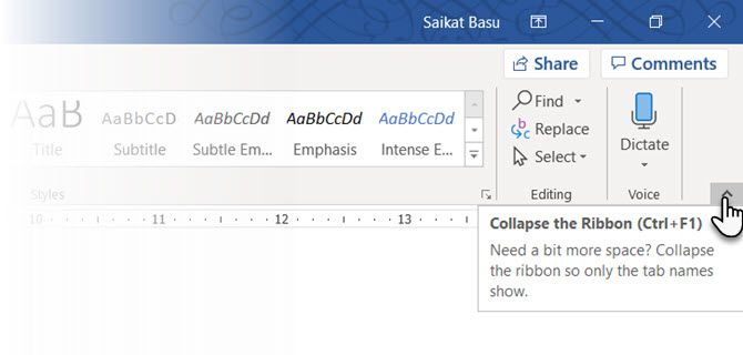 使用快捷键隐藏 Microsoft Word 功能区