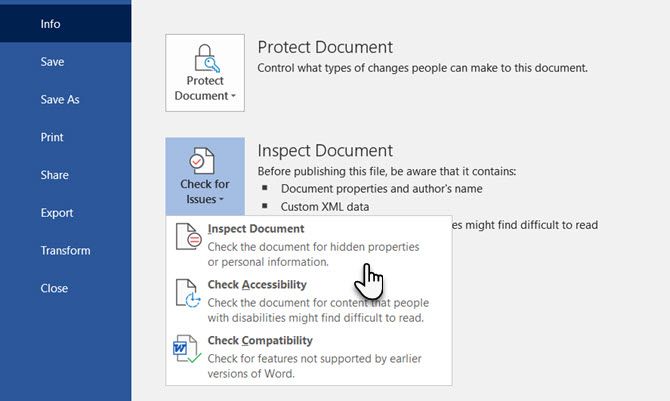 检查 Microsoft Word 中的“检查文档”功能是否存在问题