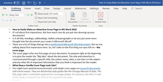 Microsoft Word 中的大纲工具栏