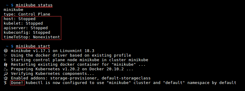 minikube status 和 minikube start 命令的输出