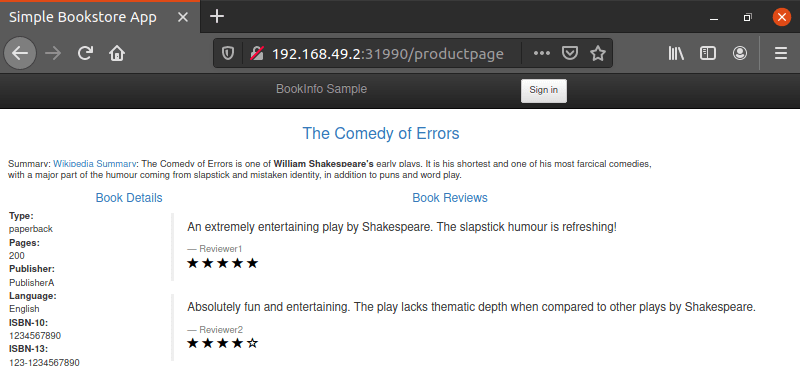 Firefox 中 Bookinfo 应用程序的屏幕截图