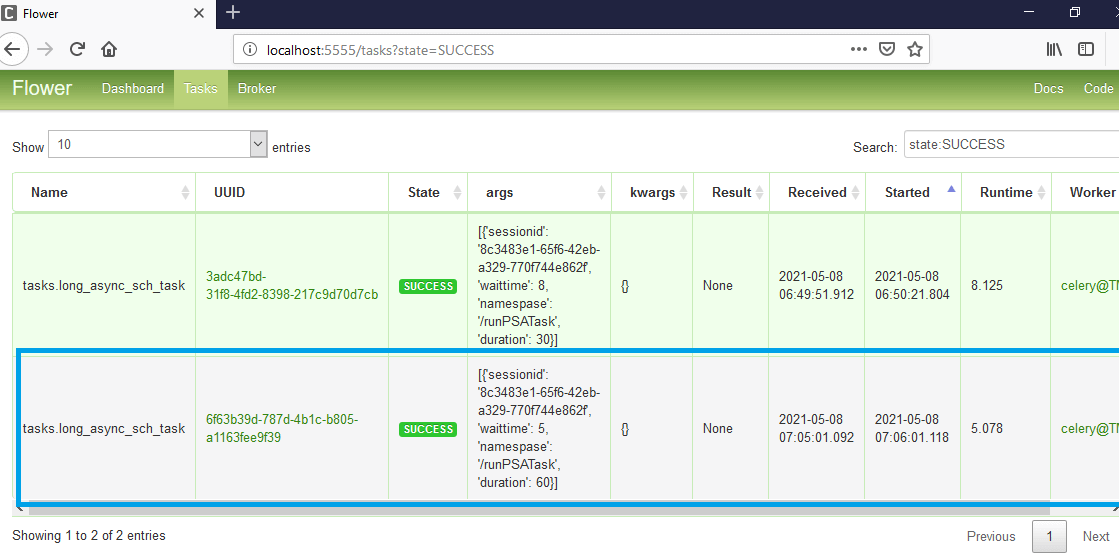 在 Flower Dashboard 中的 Celery 中完成的任务