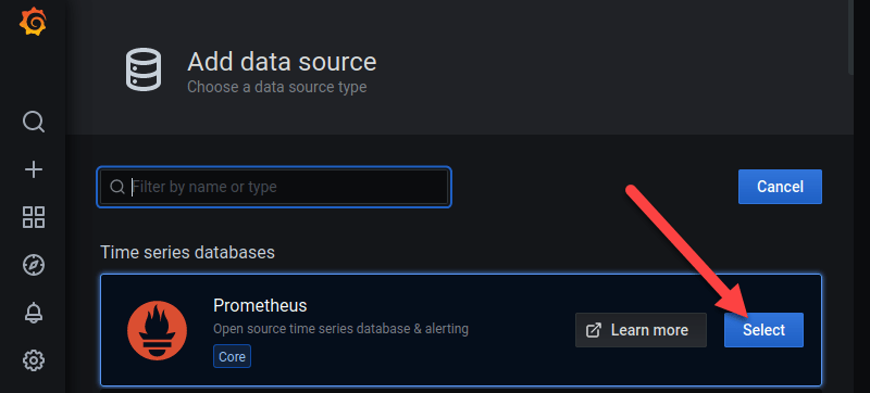 Grafana 中选择 Prometheus 作为数据源