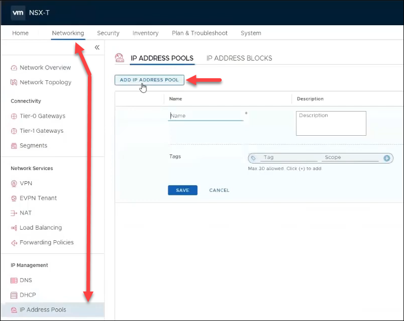 NSX 添加 IP 池接口选项。