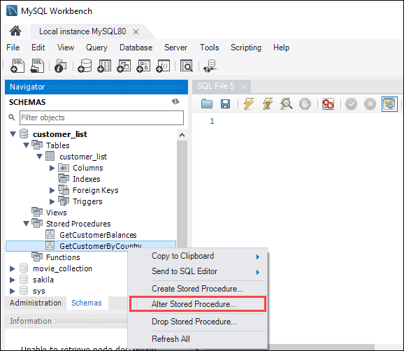 在 MySQL Workbench 中更改存储过程的第一步。