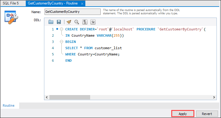 在 MySQL Workbench 中更改存储过程的第二步。