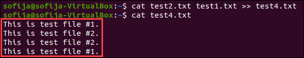 使用 cat 命令将多个文件附加到现有文件。