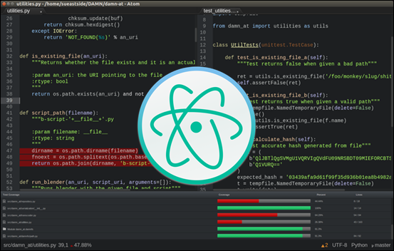 Atom 编辑器，中央带有官方徽标