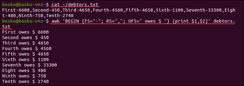 awk 中 RS 变量的示例。