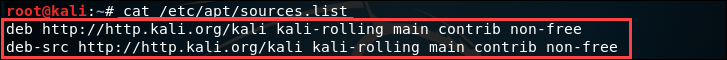 显示 Kali Linux 的源列表文件。