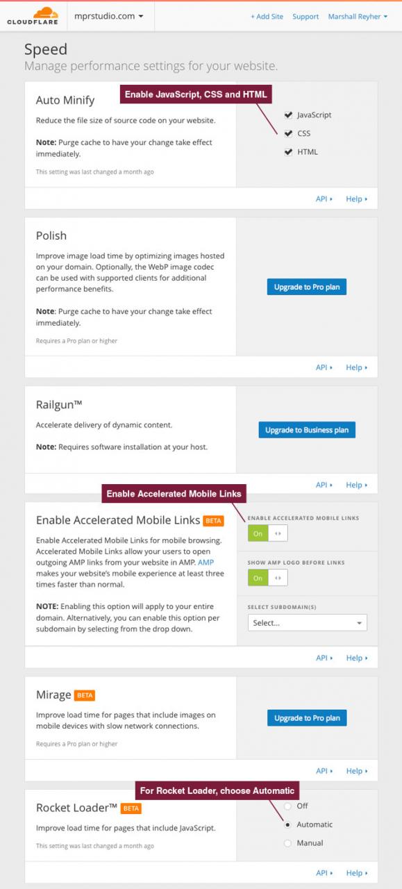 Speed settings in Cloudflare