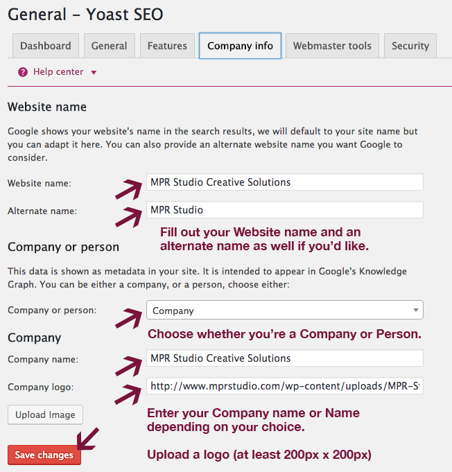 Yoast SEO 插件中的公司信息选项卡