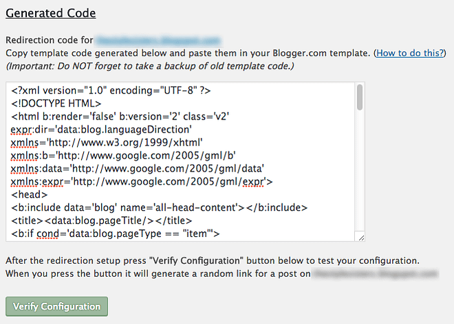 生成的代码将 Blogger 重定向到 WordPress。