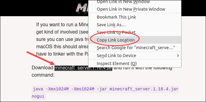 复制链接以下载 Minecraft 服务器文件。