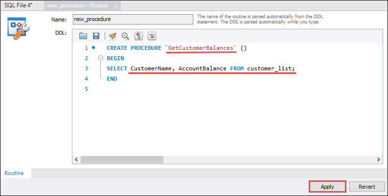 在 MySQL Workbench 中创建存储过程 - 指定名称和内容。