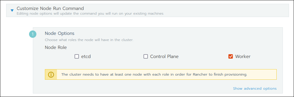 在 Rancher 的 Add Cluster 部分自定义节点运行命令