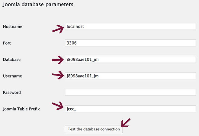 输入 Joomla 数据库详细信息