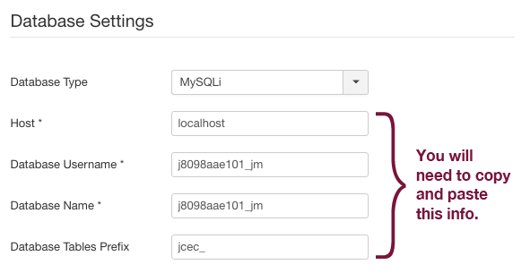 Joomla 仪表板中的数据库设置