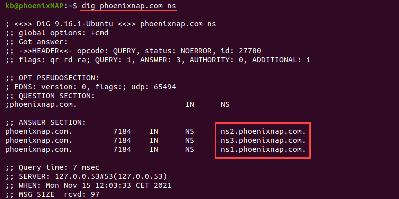 dig phoenixnap.com ns查询终端输出