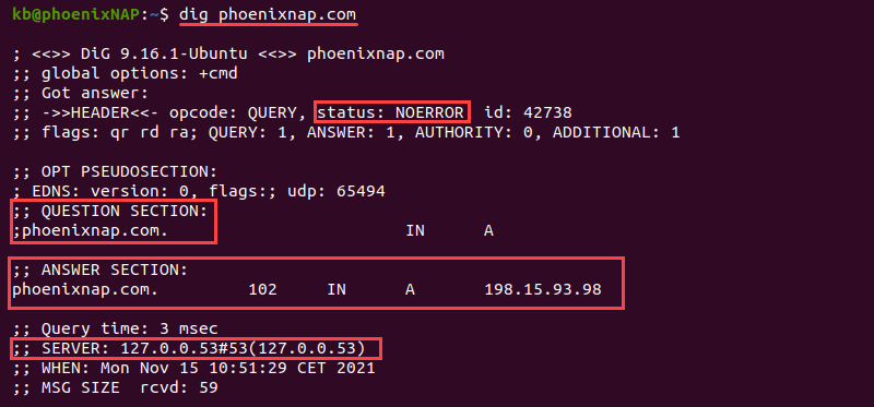 dig phoenixnap.com 查询终端输出