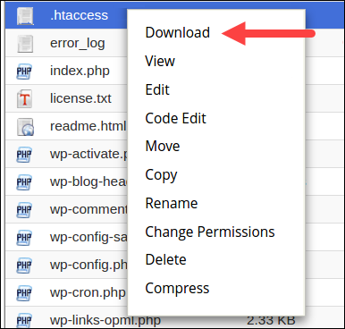 在 cPanel 中下载 .htaccess 文件。