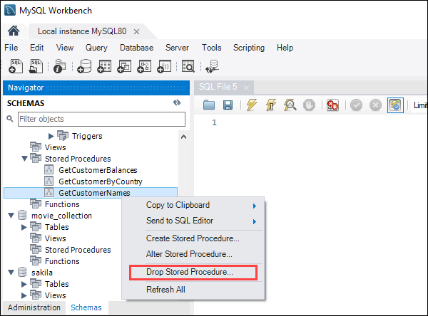 在 MySQL Workbench 中删除存储过程 - 步骤 1。