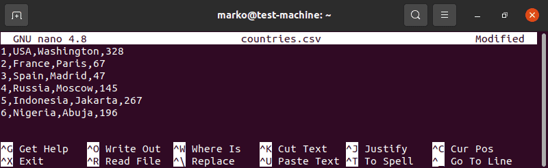 在 Nano 中编辑 CSV 文件。