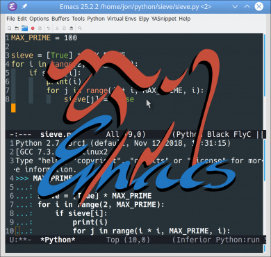 GNU/Emacs 编辑器，中间带有官方 Emacs 标志