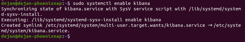 在 Ubuntu 上启用 Kibana 服务的命令和预期输出。