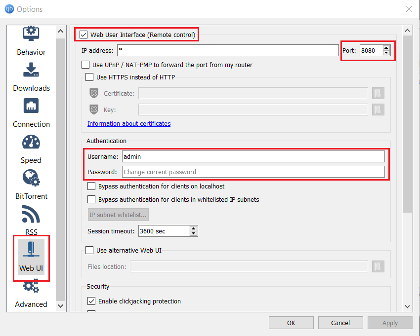 启用 qBittorrent Web UI