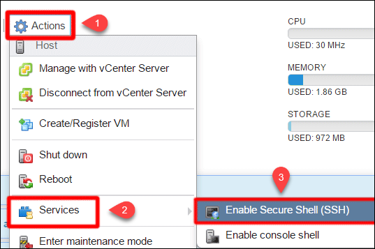 用于启动 SSH 服务的 ESXi 主机操作菜单