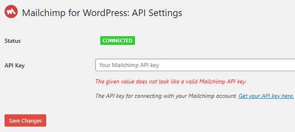 在 MC4WP 插件中添加 Mailchimp API 密钥。