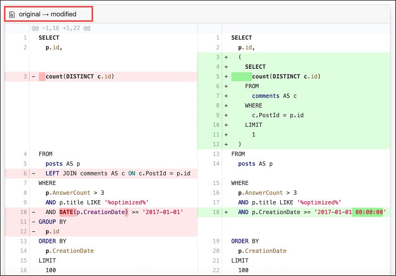 EverSQL 的查询代码比较功能。