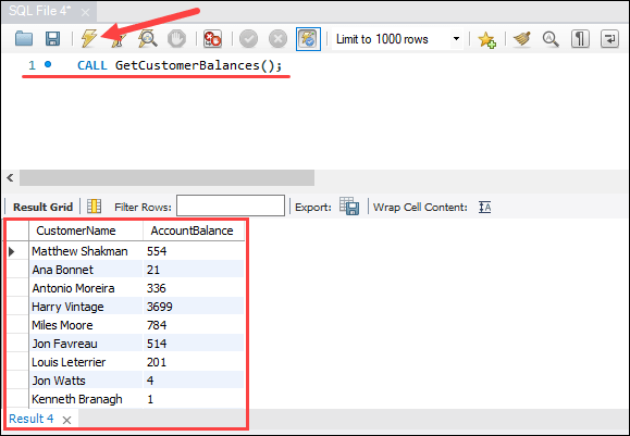 在 MySQL Workbench 中执行存储过程。