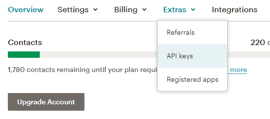 Mailchimp 帐户中的 API 密钥