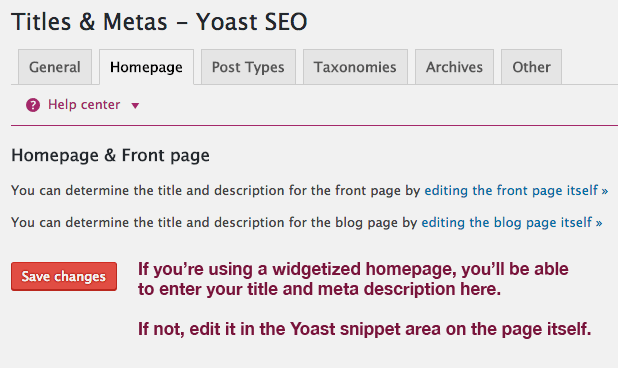 Yoast 中的主页标题和元数据区域。