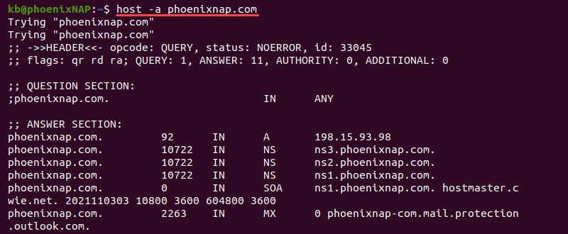 host -a phoenixnap.com 终端输出