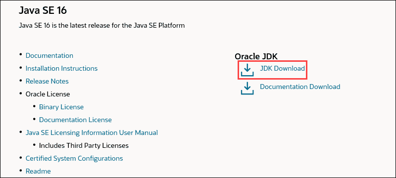 链接到 Java SE 16 的安装文件