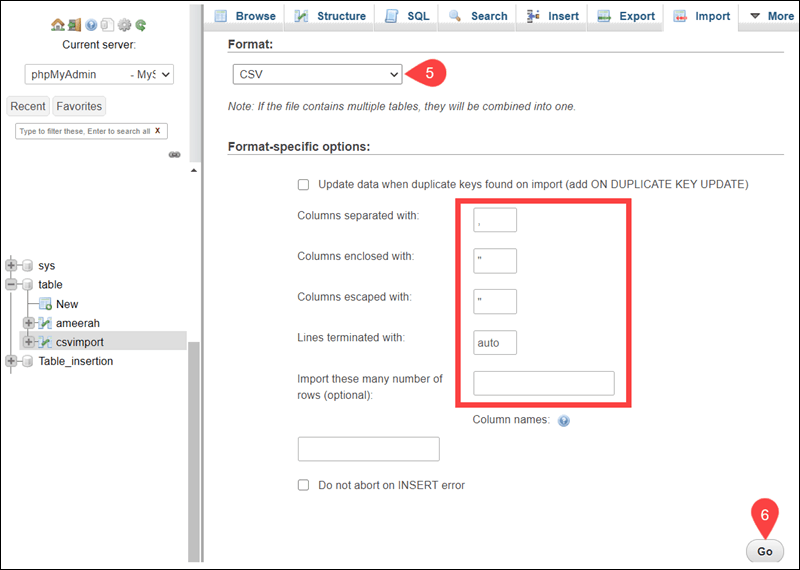 选择 CSV 格式并定义列值