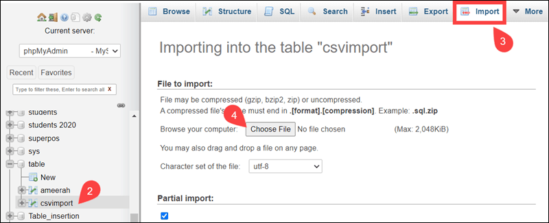 使用 phpMyAdmin 将 CSV 文件导入 MySQL 的屏幕截图