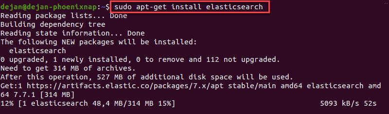 通过 Linux 终端安装 Elasticsearch 的命令。