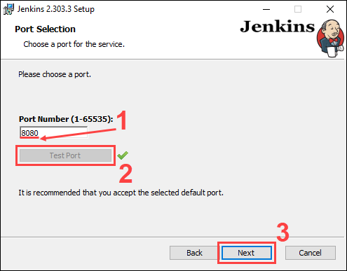 输入 Jenkins 将使用的端口号