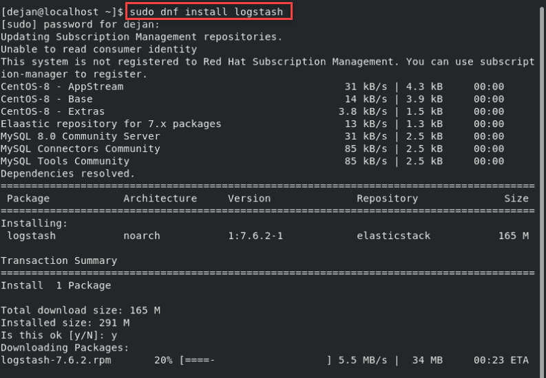 在 CentOS 版本 8 上安装 logstash 的示例